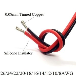 2/5M 2Pin Silicone Copper Wire 26 24 22 20 18 16 14 12 10 8 AWG Electric Lamp Lighting Cable LED Connector Extend Cord Black Red